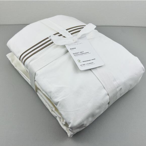Pottery Barn Sheet Set QUEEN Percale Embroidered Organic 400TC Simply Taupe New - Picture 10 of 10